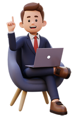 Business man sitting in chair with laptop having an idea